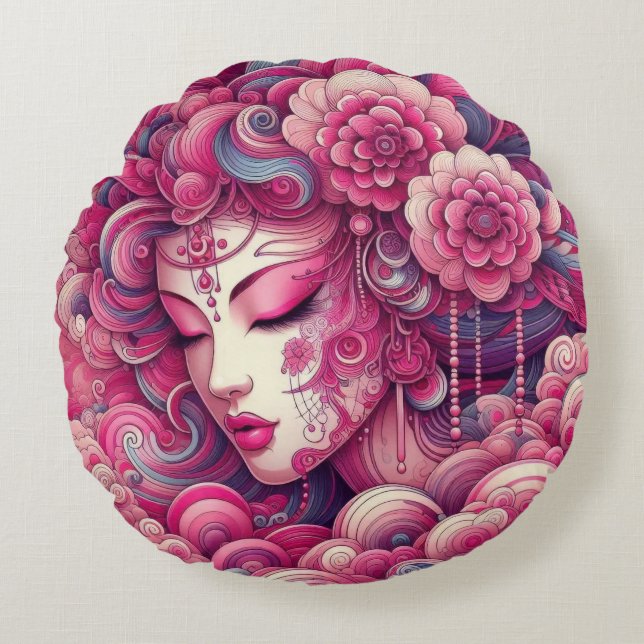 Abstrakt av vektor Geisha rosa fractal vinkar Rund Kudde (Framsidan)