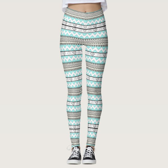 Abstrakt Aztec Mint Grönt Aqua Grått Mönster Leggings (Framsida)