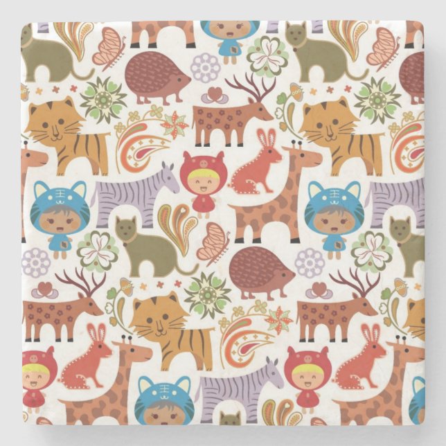 Abstrakt barn- och djurmönster underlägg sten (Framsidan)