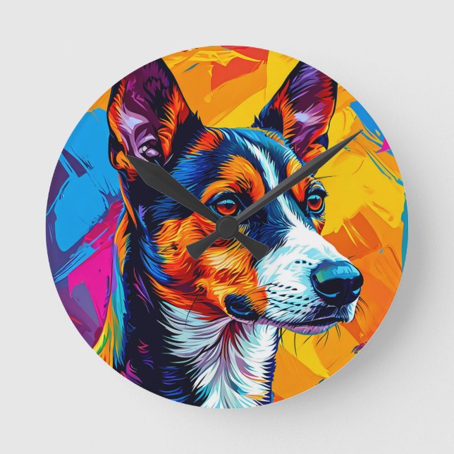 Abstrakt Basenji Hund Porträtt Rund Klocka (Framsida)