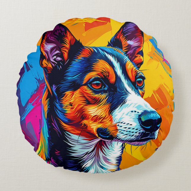 Abstrakt Basenji Hund Porträtt Rund Kudde (Framsidan)