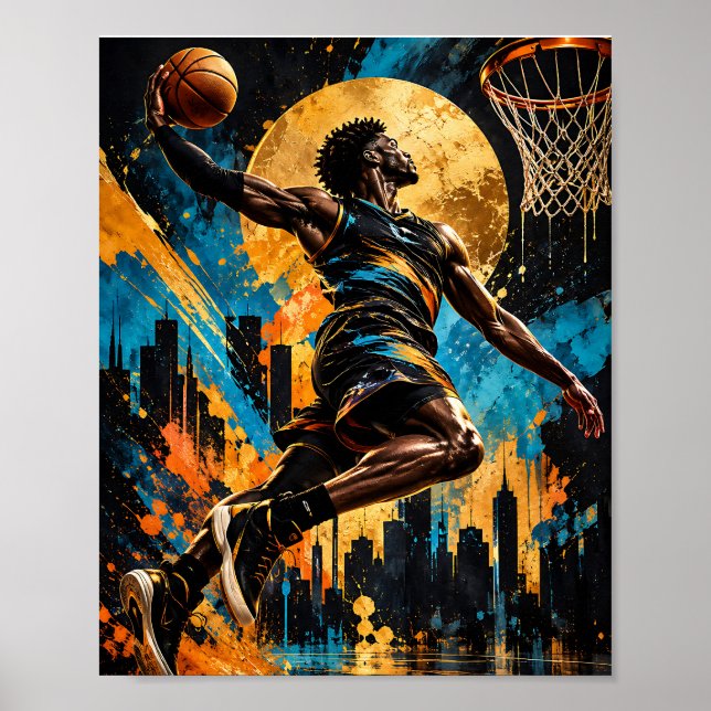 Abstrakt basketspelare som flyger mot korgen  poster (Framsidan)