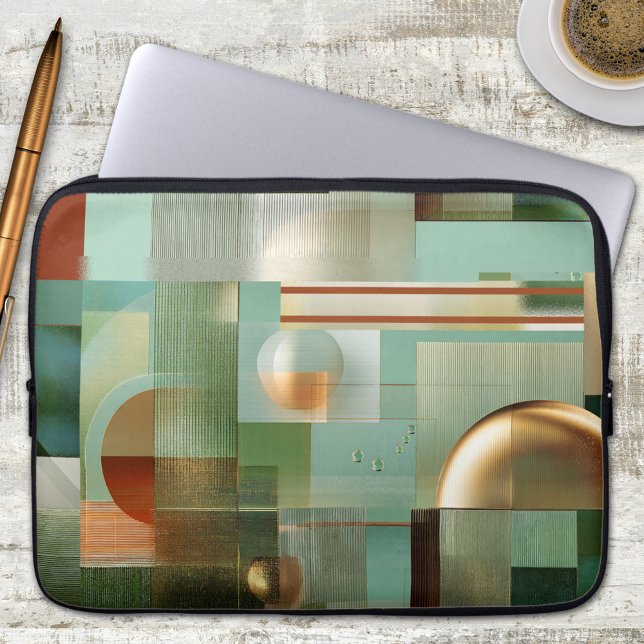 Abstrakt Bauhaus Grön Guld Bärbar Dator Fodral (Laptop sleeve featuring a modern abstract Bauhaus style design in green, teal and gold)