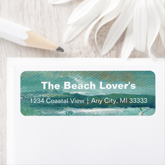 Abstrakt Beach Coastal Artwork Teal Personalize Returadress Etikett (Insitu)