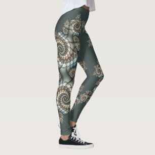 Abstrakt Beige Light Blue Fractal Art Spiral Leggings