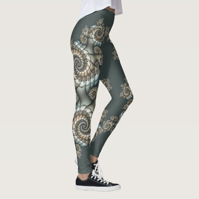 Abstrakt Beige Ljusblå Fraktal Konst Spiraler Leggings (Höger)