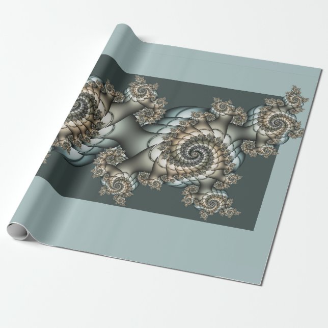 Abstrakt Beige Ljusblå Fraktal Konstspiraler Presentpapper (Utrullad)