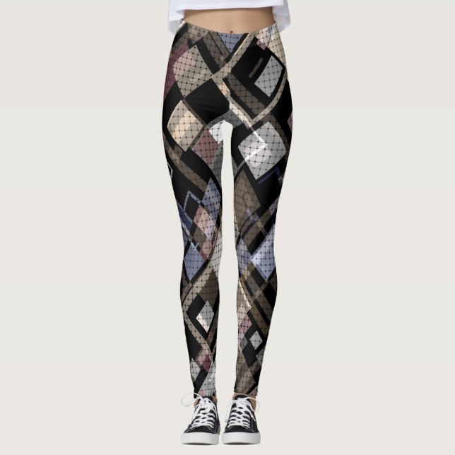 Abstrakt, beige, svart, pläterad leggings (Framsida)