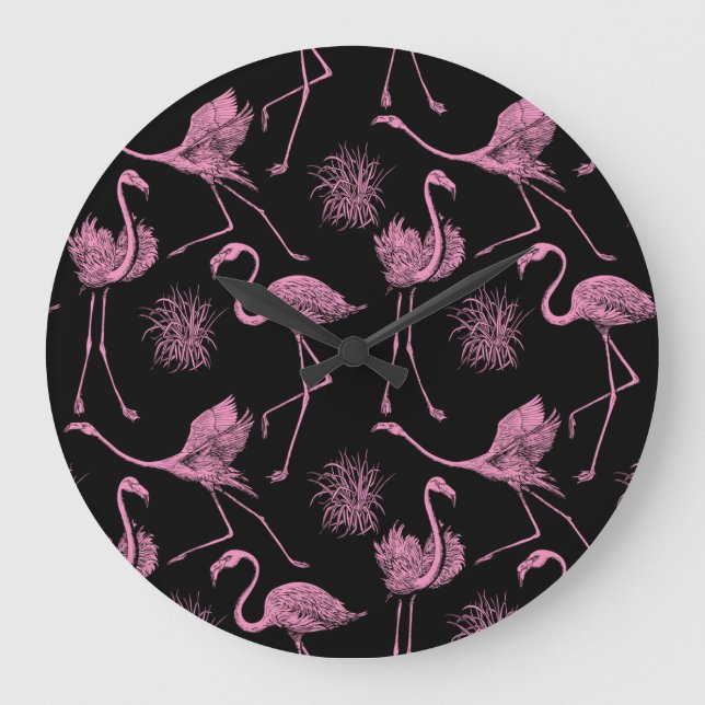 Abstrakt Birds: Monokrom Mode Mönster Stor Klocka (Framsida)