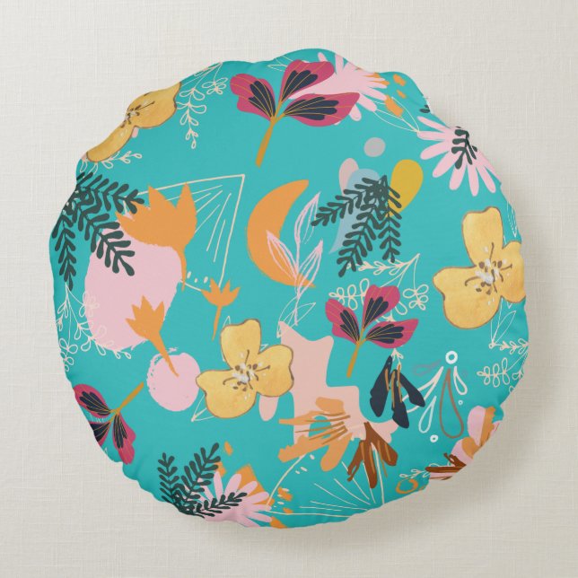 Abstrakt Blå blomma mönster Rund Kudde (Baksidan)