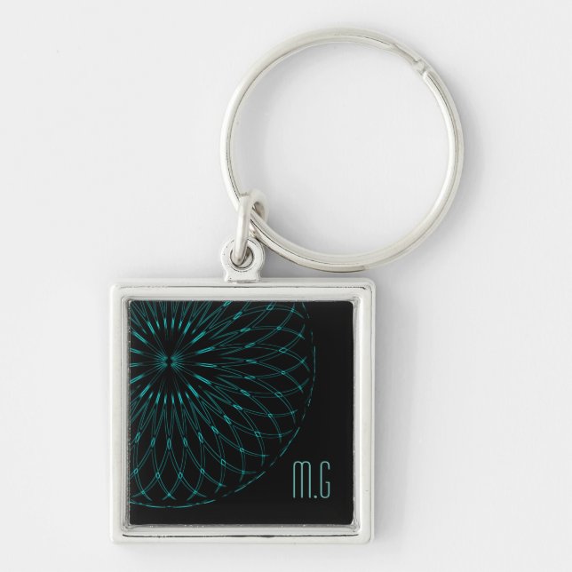 Abstrakt blå geometrisk grafik svart monogram fyrkantig silverfärgad nyckelring (Framsidan)