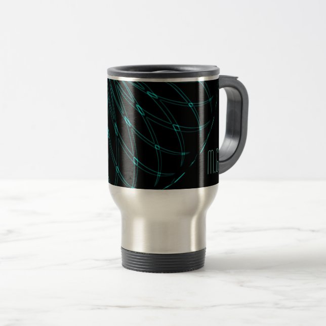 Abstrakt Blå Geometrisk Grafik Svart Monogram Resemugg (Framsida höger)