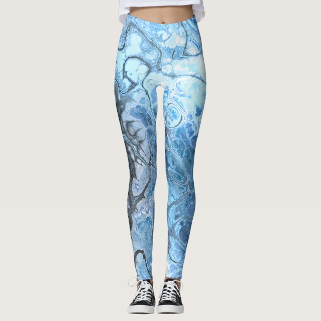 Abstrakt Blå & Grå Marmor Is Flytande Textur Leggings (Framsida)