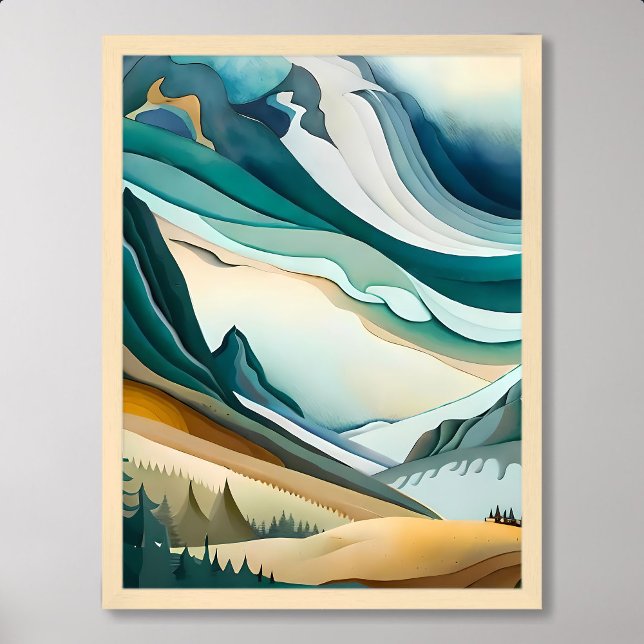 abstrakt blå grumlig gräs träd poster (mountain painting abstract blue cloudy pine tree)