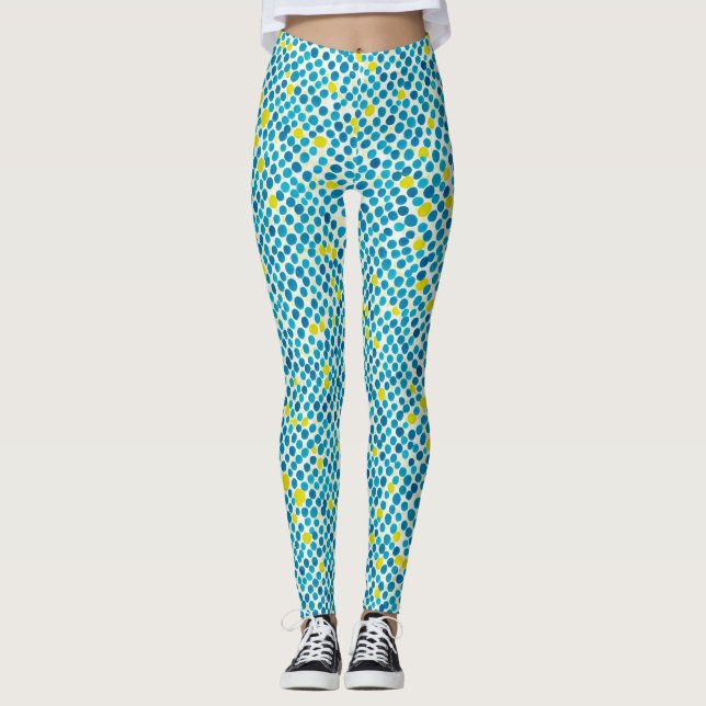 Abstrakt Blå Gul Cirkel Prick Vattenfärg Mönster Leggings (Framsida)