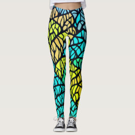 Abstrakt Blå Gul Svarta Linjer Glasmosaik Leggings