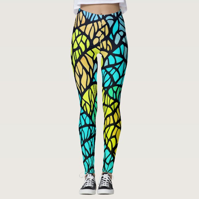 Abstrakt Blå Gul Svarta Linjer Glasmosaik  Leggings (Framsida)