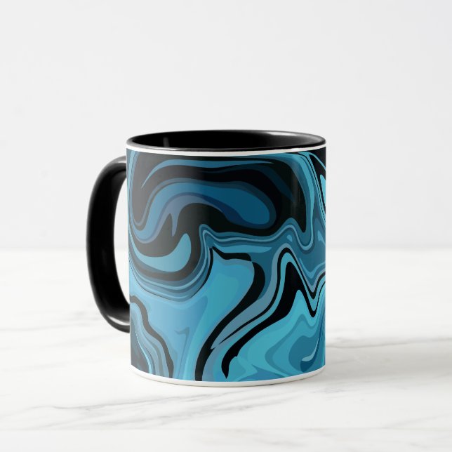 Abstrakt blå marmorerad vågdesign mugg (Framsida vänster)