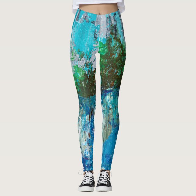Abstrakt Blå Och Grön Texturerad Landskap Leggings (Framsida)