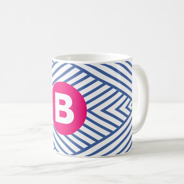 Abstrakt blå randig mönster rosa monogram kaffemugg (Framsida höger)