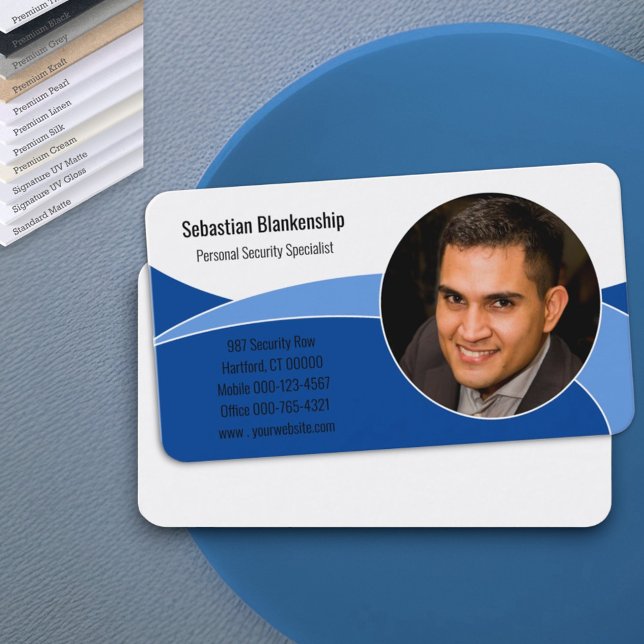 Abstrakt Blå Säkerhet Professionell Anpassad Bild Visitkort (Professional photo business card template design front and blank back)