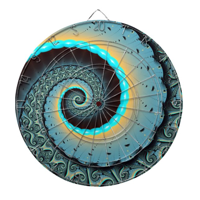 Abstrakt blå turkos orange fraktal konst spiral darttavla (Framsidan)