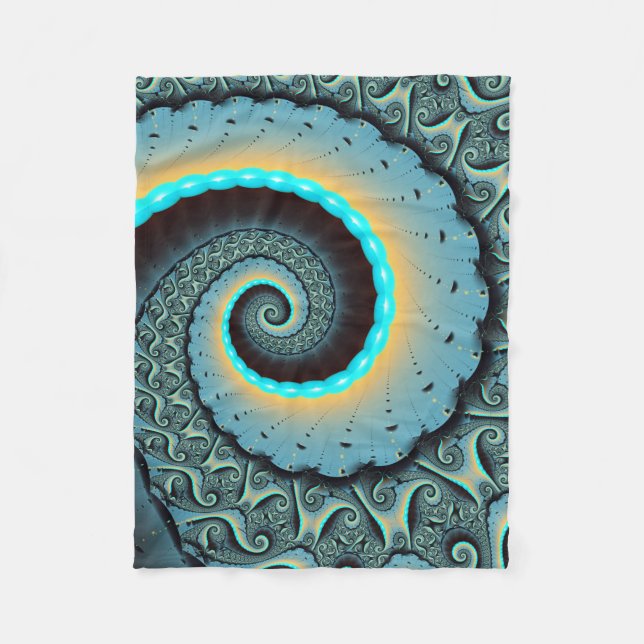 Abstrakt blå turkos orange fraktal konst spiral fleecefilt (Framsidan)
