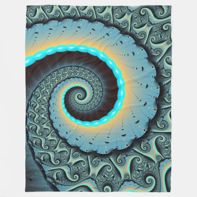 Abstrakt blå turkos orange fraktal konst spiral fleecefilt (Framsidan)