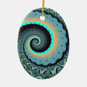 Abstrakt blå turkos orange fraktal konst spiral julgransprydnad keramik