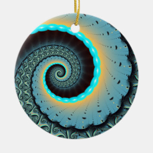 Abstrakt blå turkos orange fraktal konst spiral julgransprydnad keramik