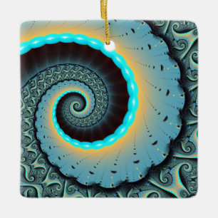 Abstrakt blå turkos orange fraktal konst spiral julgransprydnad keramik