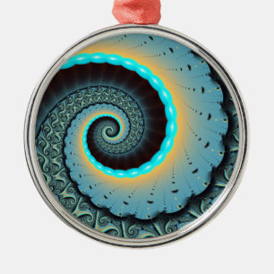 Abstrakt blå turkos orange fraktal konst spiral julgransprydnad metall