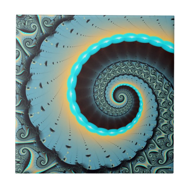 Abstrakt blå turkos orange fraktal konst spiral kakelplatta (Framsidan)