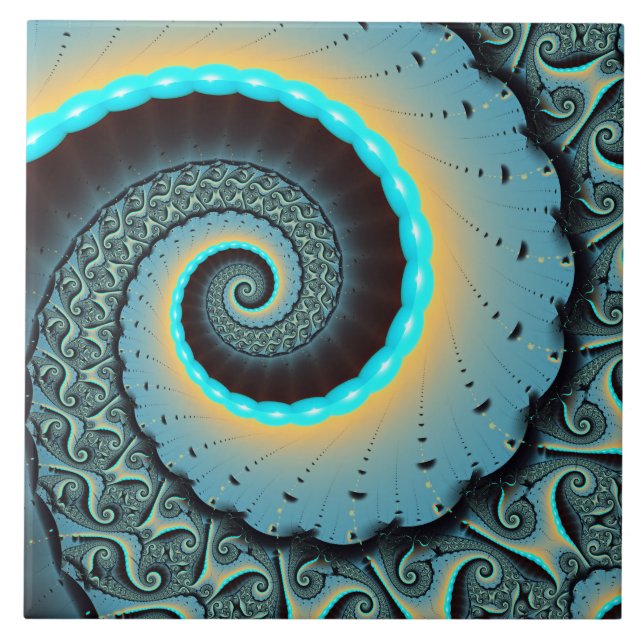 Abstrakt blå turkos orange fraktal konst spiral kakelplatta (Framsidan)