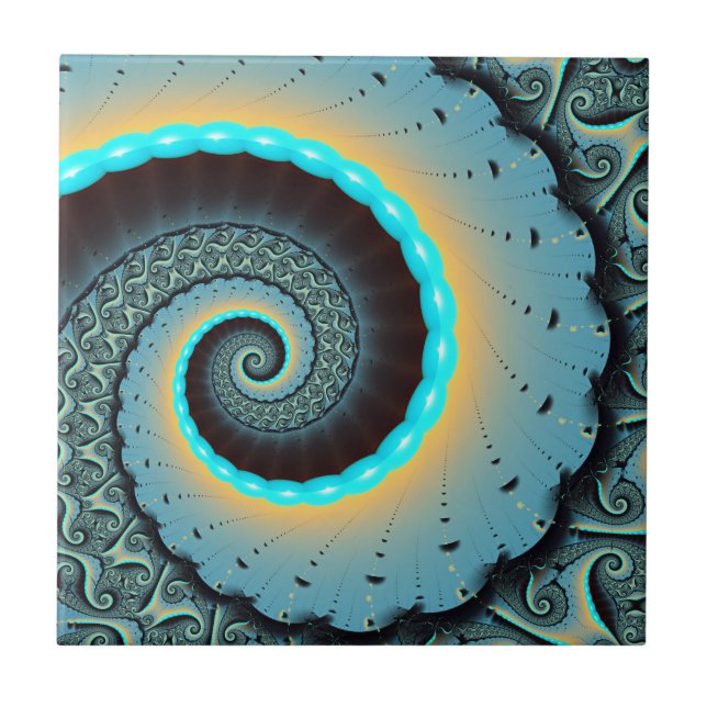 Abstrakt blå turkos orange fraktal konst spiral kakelplatta (Framsidan)