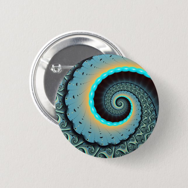 Abstrakt blå turkos orange fraktal konst spiral knapp (Framsida & baksida)