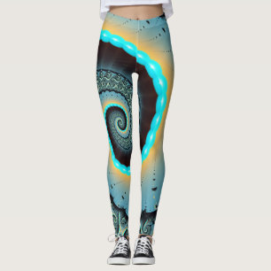 Abstrakt blå turkos orange fraktal konst spiral leggings