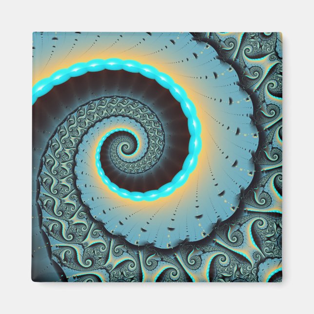 Abstrakt blå turkos orange fraktal konst spiral magnet (Framsidan)