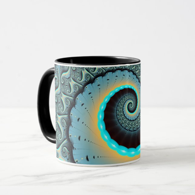 Abstrakt blå turkos orange fraktal konst spiral mugg (Framsida vänster)