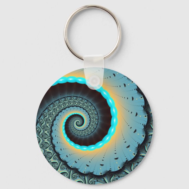 Abstrakt blå turkos orange fraktal konst spiral nyckelring (Framsida)