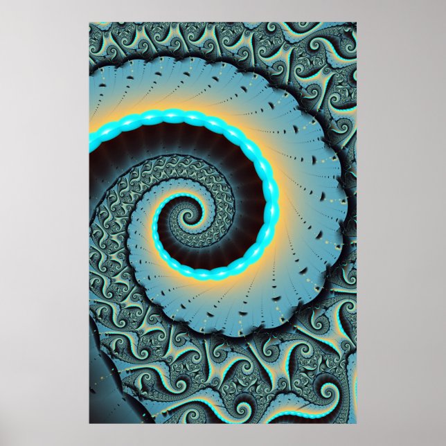 Abstrakt blå turkos orange fraktal konst spiral poster (Framsidan)