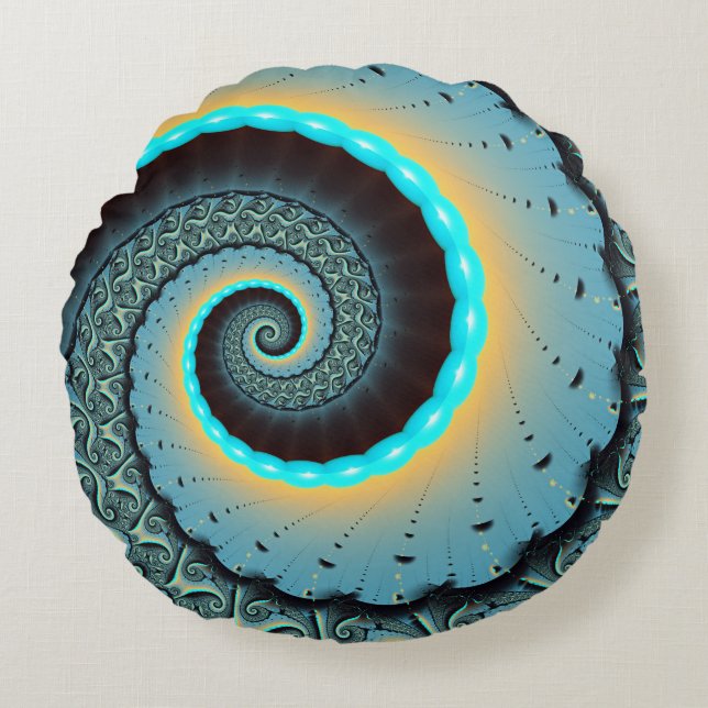 Abstrakt blå turkos orange fraktal konst spiral rund kudde (Framsidan)