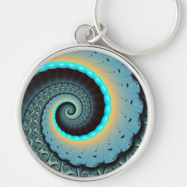 Abstrakt blå turkos orange fraktal konst spiral rund silverfärgad nyckelring (Framsidan)