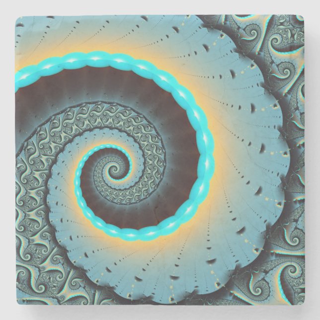 Abstrakt blå turkos orange fraktal konst spiral stenunderlägg (Framsidan)