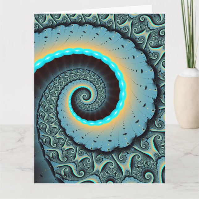 Abstrakt blå turkos orange fraktal konst spiral tack kort (Framsida)