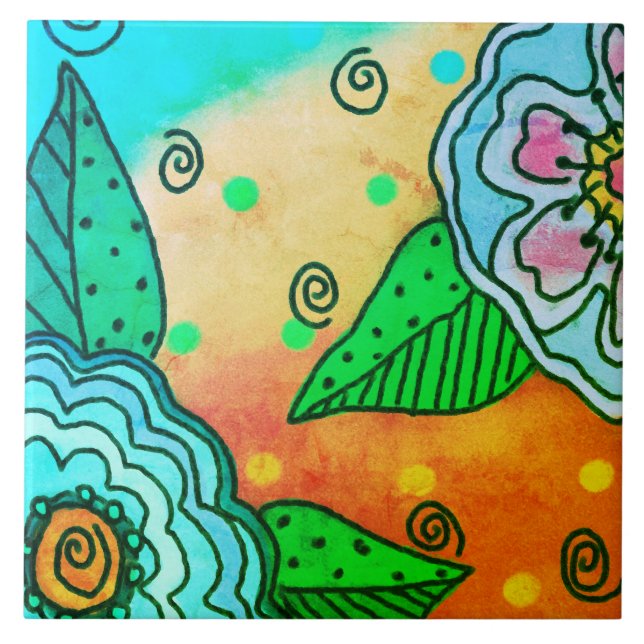 Abstrakt Blåa blommor Kakelplatta (Framsidan)