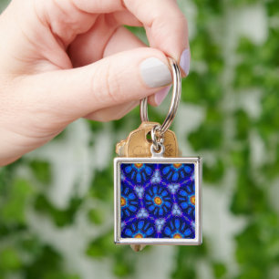 Abstrakt Blåa blommor Mönster Fyrkantig Silverfärgad Nyckelring