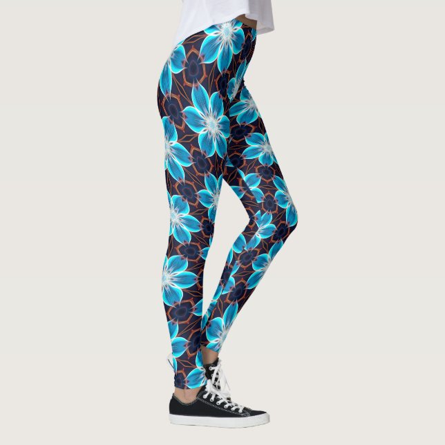 Abstrakt Blåa blommor Mönster Leggings (Höger)