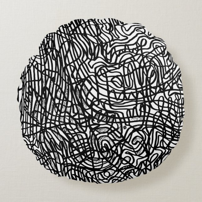 Abstrakt Black and White Linjer Mönster Rund Kudde (Framsidan)