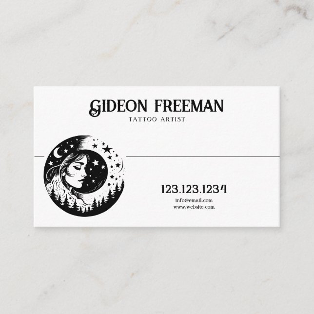 Abstrakt Black and White Måne Stars Tattoo Artist Visitkort (Framsida)